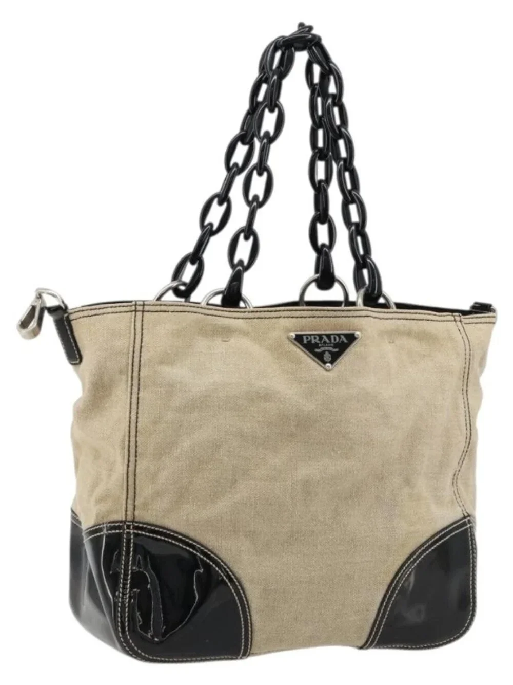 PRADA Plastic Chain Tote Bag Canvas Beige Silver Auth